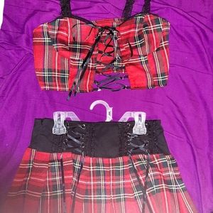 Red and black plaid matching lace set (XS)